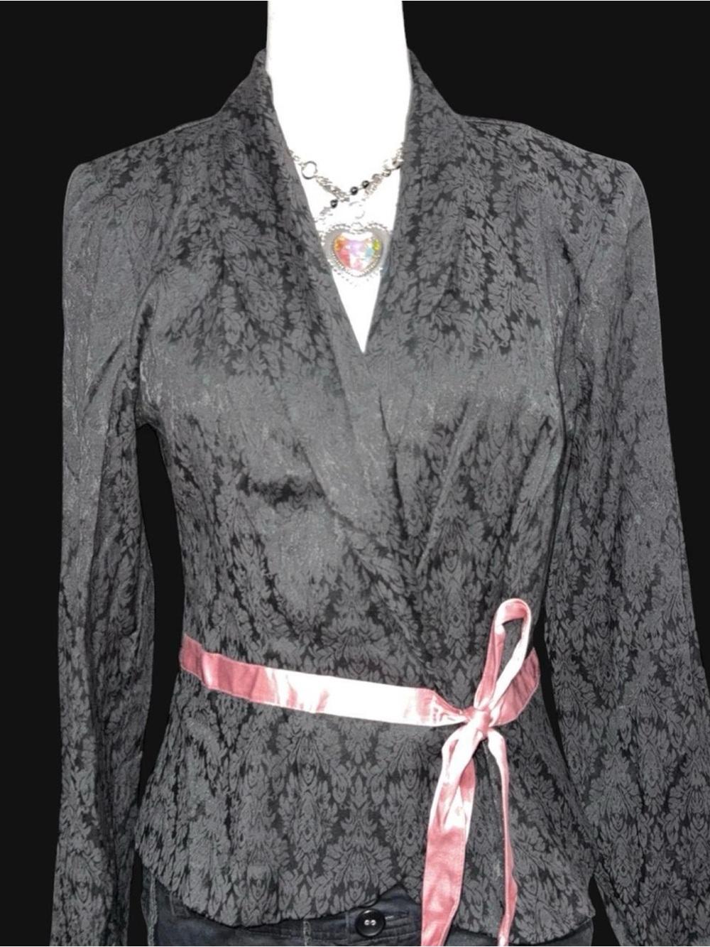 XOXO Black Floral Jacquard Blazer with Pink Satin Tie